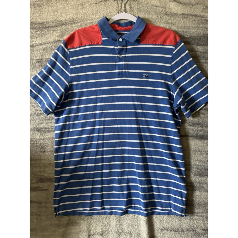 Vineyard Vines Men Large Polo Shirt Blue White Striped Red Shoulder Patch 1K0342